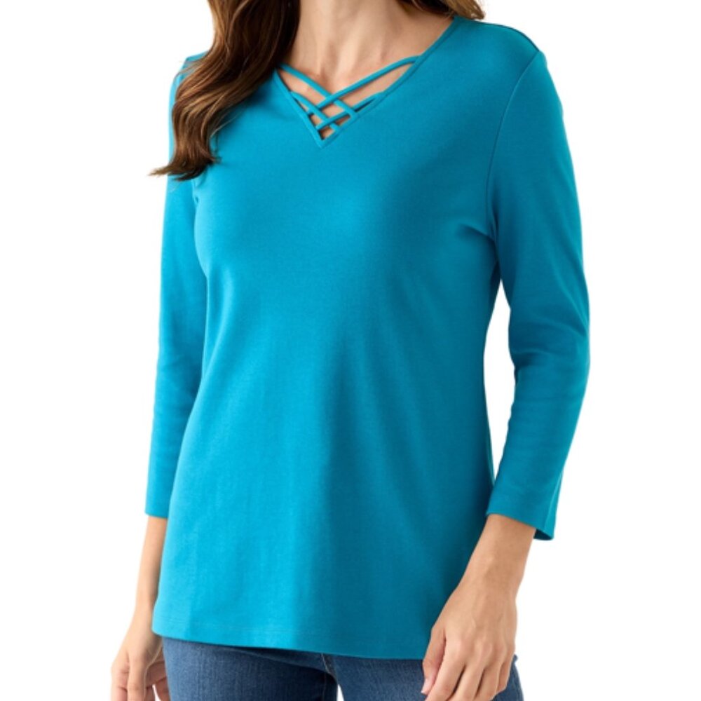 NWT Kim Rogers Women's With Criss-Cross Front Detailed V-Neck Shirt, ¾ Sleeve,LG